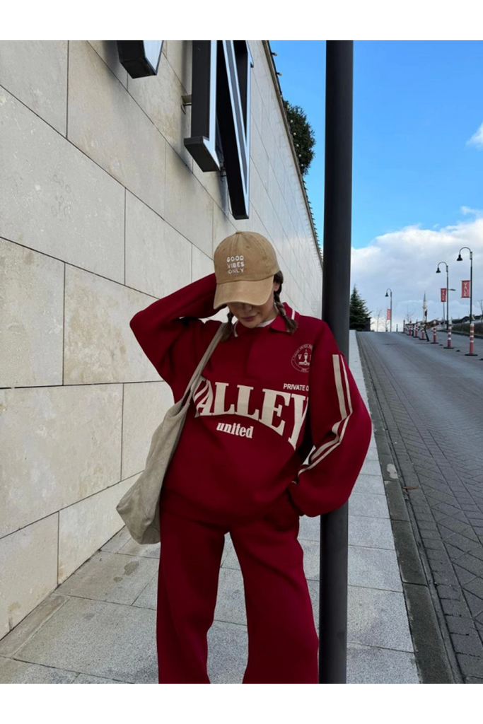 Üç İplik Yakalı Sweat Baggy Pantalonlu Takım - Bordo