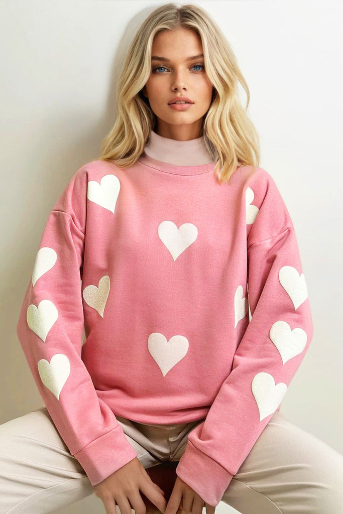 BİSİKLET YAKA KALP BASKILI 2 İPLİK OVERSİZE SWEATSHIRT - Pembe