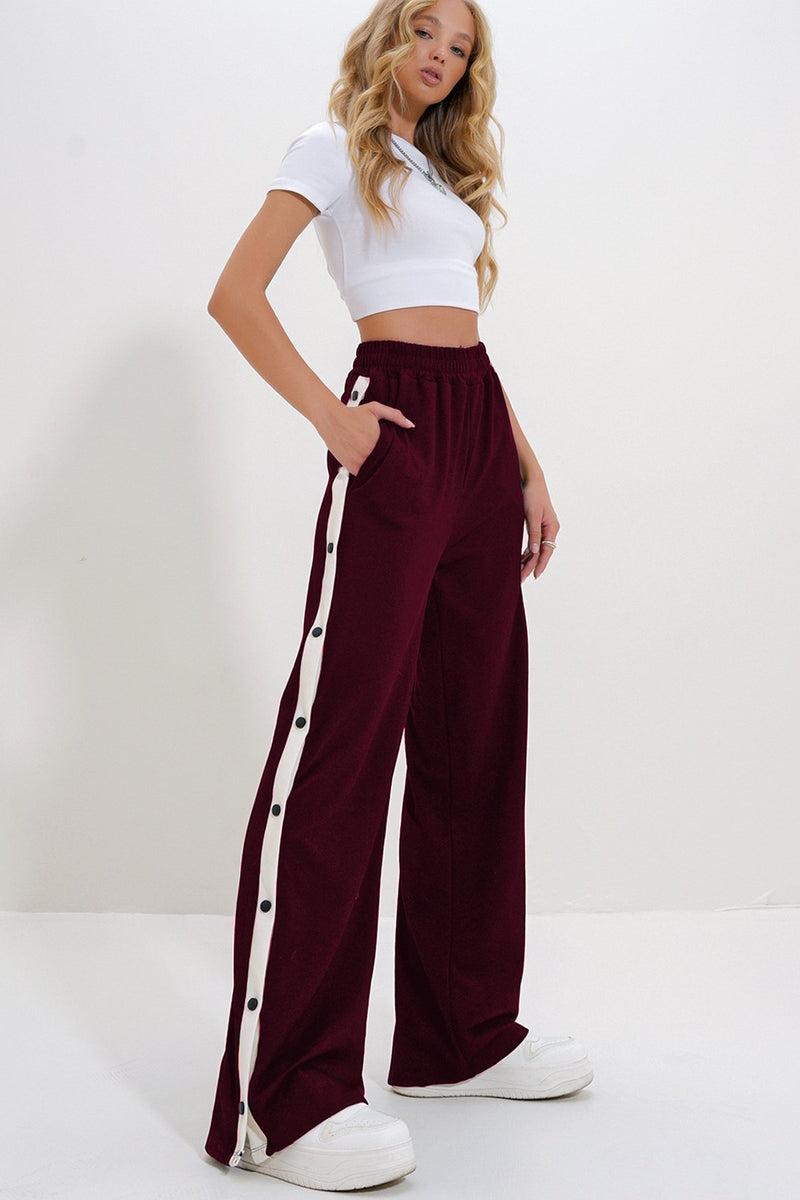 Çift Cepli Lastikli Yanları Şeritli Wide Leg Pantolon - Bordo