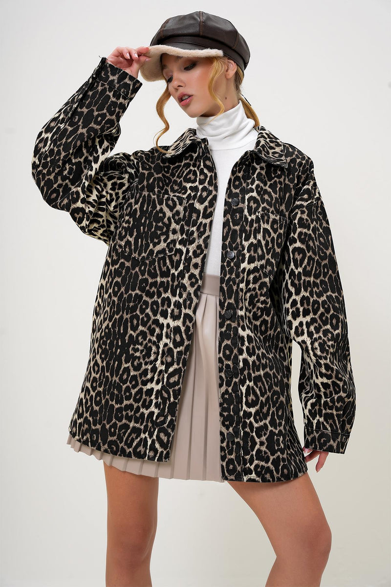 Çift Cepli Leopar Desenli Oversize Gabardin Ceket - Kahverengi