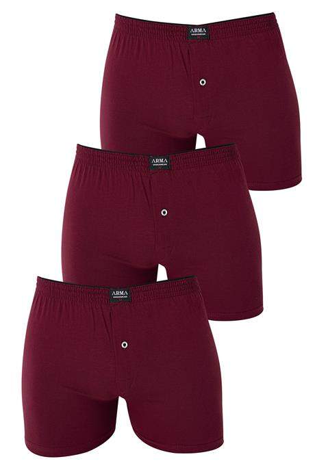 Erkek Bordo Düğmeli Boxer 3'lü Paket %100 Pamuklu Penye