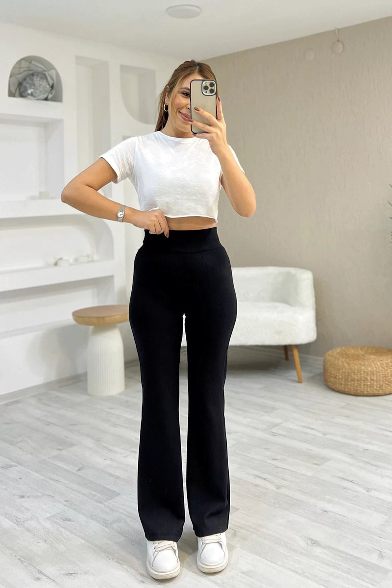 ت leggings سوداء عالية الخصر بخصر إسباني