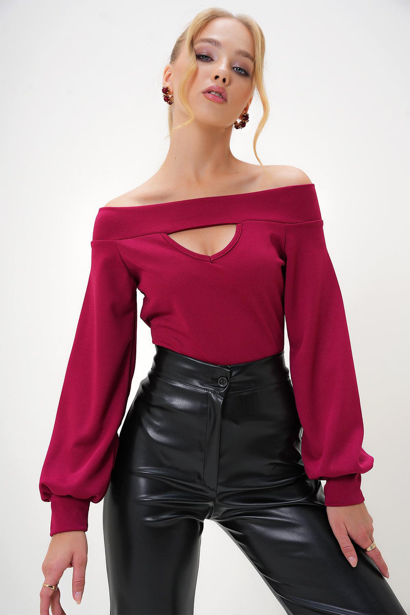 Madonna Yaka Cut Out Detaylı Örme Bluz - Bordo