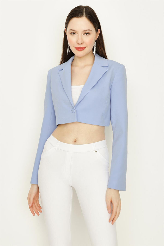 Mavi Tek Düğme Kapamalı Crop Blazer Ceket